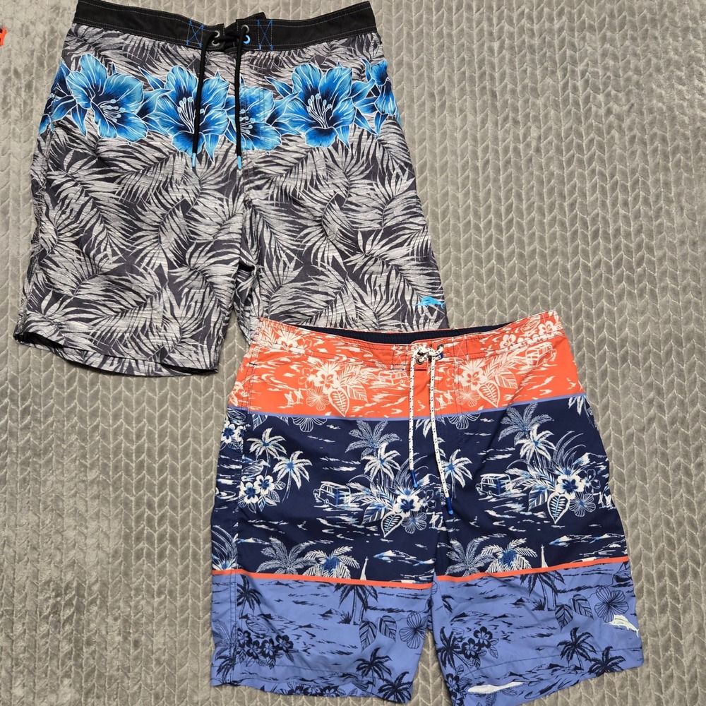 2 Tommy Bahama Mens Swim Trunks Blue Floral Tropical Hawaiian Shorts Large L